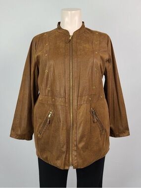 PENNINGTONS Distressed Brown Faux Suede Women's Zip Lightweight Jacket! Plus 2X